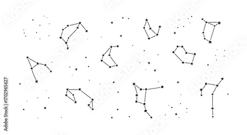 Doodled constellations and stars spread across the night sky.