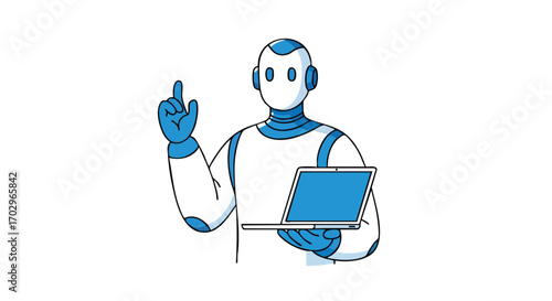 Smart robot assistant holding laptop and raising finger for idea or important point