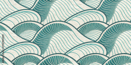 Abstract Waves Pattern in Teal and Beige Seamless Repeating Design for Modern Backgrounds