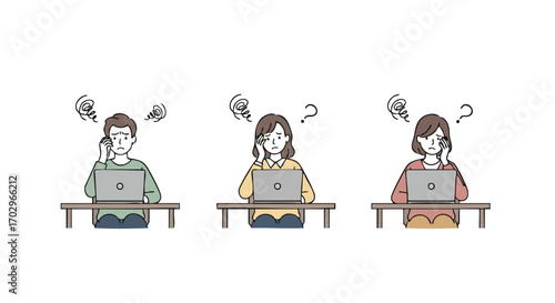 Stressed people struggling with laptop problems, confused by technology, seeking solutions for work challenges