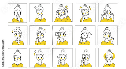 Woman's diverse expressions showing thought confusion worry and examination with magnifying glass