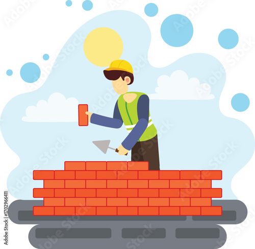 Worker building brick wall illustration