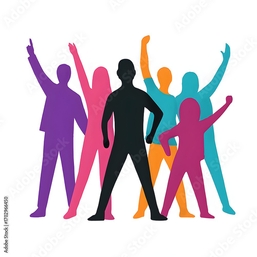 Diverse Group of People Silhouettes with Raised Hands | Colorful Teamwork and Celebration Illustration for Community, Success, and Achievement Concepts