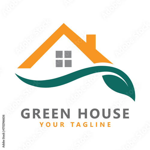 Eco-friendly house logo with orange roof, green leaf swoosh, and window icon for sustainable living branding