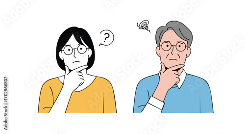 Puzzled people pondering questions, seeking answers, and contemplating decisions thoughtfully