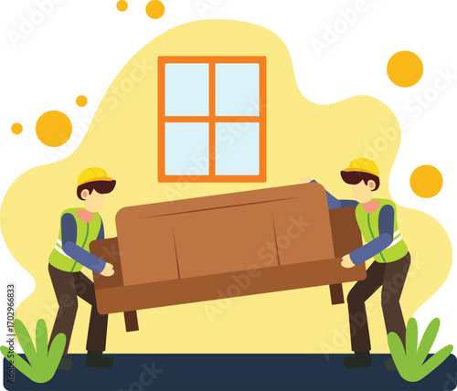Workers lifting sofa indoors illustration