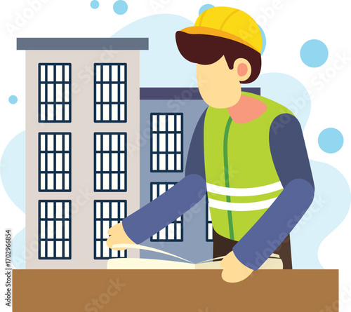 Engineer reviewing construction plan illustration