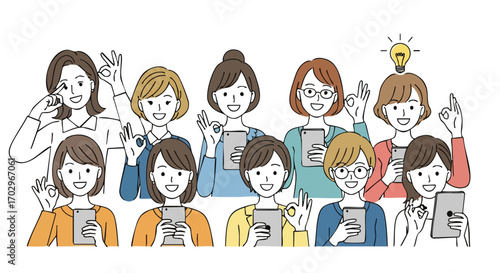 Diverse women group celebrating success with phones and brilliant ideas glowing bright