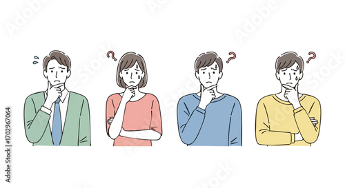 Four people ponder with question marks and sweat drops, seeking answers and solutions.