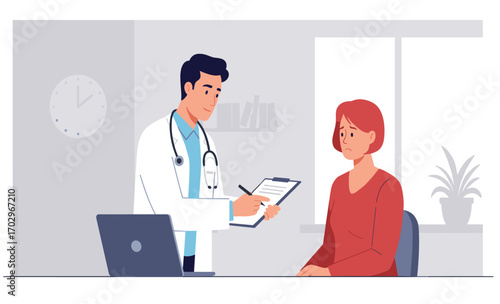 A doctor is consulting with a female patient in a bright office, taking notes on a clipboard during a medical checkup to discuss her health.