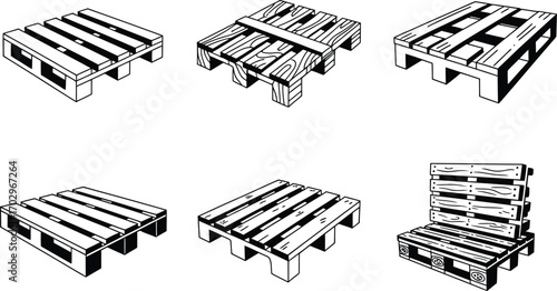 Collection of Six Wooden Pallets in Line Art Style
