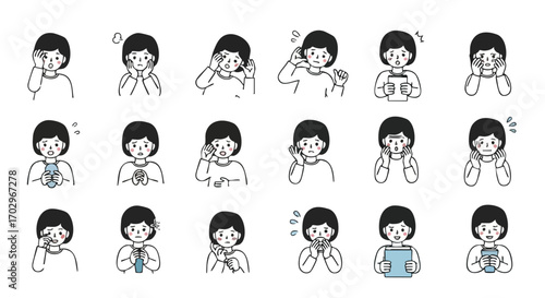 Worried woman experiencing stress and anxiety in various modern lifestyle situations and emotions