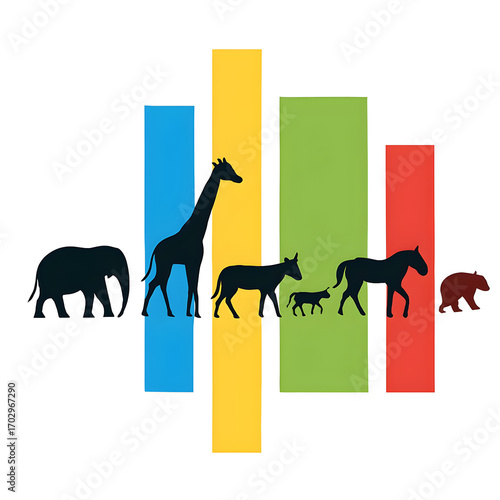 Animal Silhouettes with Colorful Vertical Bars | Wildlife Illustration for Education, Children's Books, and Zoo Marketing