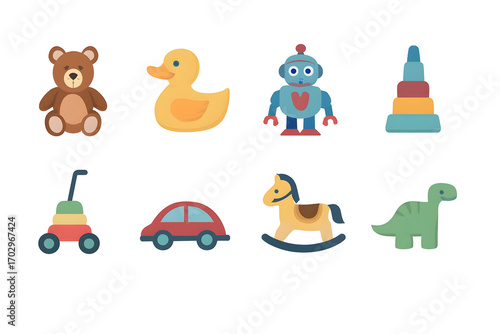 Set of Cute Children’s Toys: Teddy Bear, Duck, Robot, and More | Illustration of Childhood Playthings for Kids' Products, Educational Resources, and Nursery Décor