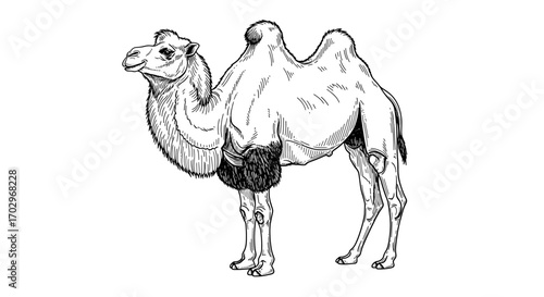 Detailed Ink Sketch of a Bactrian Camel Isolated on White