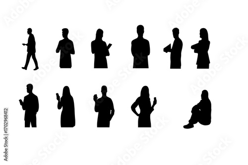 Group of People Silhouettes Using Smartphones | Diverse Figures with Mobile Devices for Business, Technology, Communication and Social Media Visuals