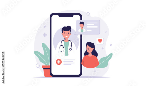 A young woman uses a smartphone app for an online consultation with her doctor, a convenient and modern telehealth experience.
