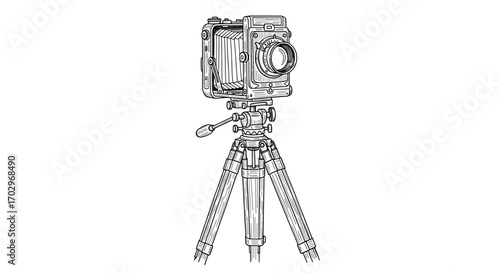 Vintage Camera Illustration: An Old Style Photographic Device on Tripod