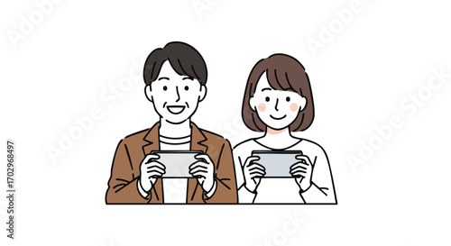Smiling couple holding tablets and looking forward, engaged with technology together