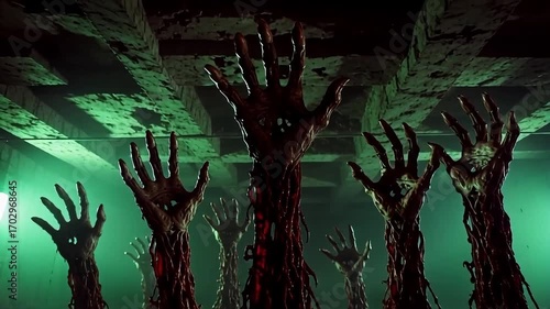 Eerie zombie hands emerge from the depths in spooky green light, perfect for horror game design
