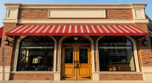 Fototapeta Naklejka Na Ścianę i Meble -  Brick Storefront with Red Striped Awning and Wooden Double Doors in Small Shopping District