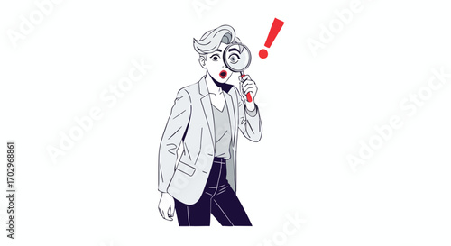 Curious professional discovers something astonishing with a magnifying glass, exclaiming in surprise