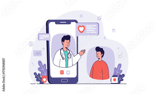 A digital illustration depicts a doctor consulting with a patient via a smartphone, highlighting telehealth and remote medical care in a modern, accessible format.