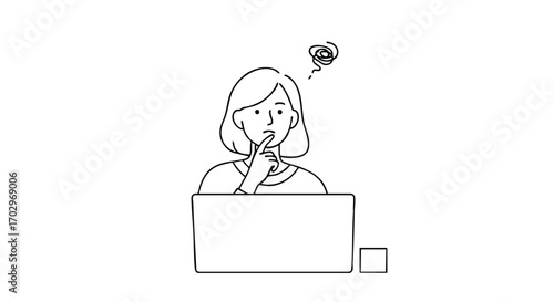 Woman facing complex problem with laptop needing solution, great for illustrating confusion