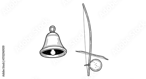 Berimbau and bell illustrations, traditional musical instrument, black and white