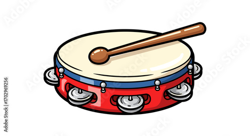 Cartoon Tambourine with Beater Isolated on White Background