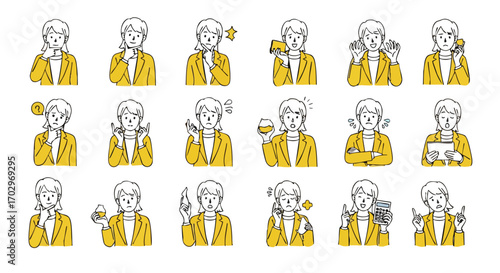 Professional woman expresses diverse emotions and actions in a series of modern illustrations