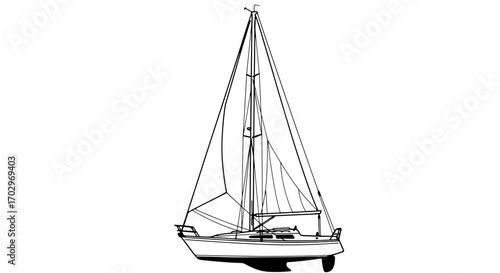 Elegant sailboat illustration, monochrome nautical vessel sailing on white background.