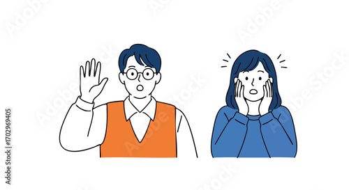 Shocked couple reacting to surprise news with wide eyes and open mouths, conveying disbelief