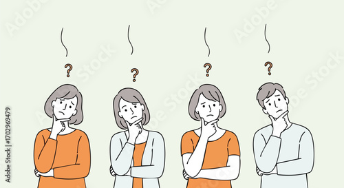 Diverse group of people contemplating with question marks above heads, seeking solutions