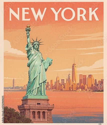 Vintage Art Deco Travel Poster of Statue of Liberty, New York