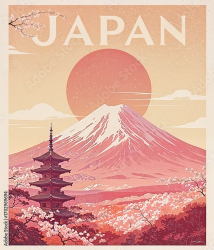 Vintage Art Deco Travel Poster of Mount Fuji, Japan