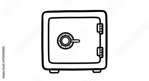 Minimalist drawing of a safe with combination lock and hinges.
