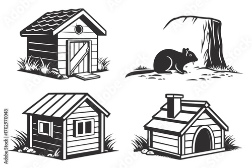 Four distinctive black and white illustrations of small structures and a rodent in silhouette