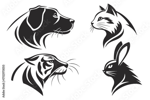 Stylized black silhouette heads of a dog cat tiger and rabbit facing each other silhouette