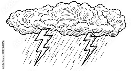 Dramatic thunderstorm illustration showcasing black and white clouds with lightning.