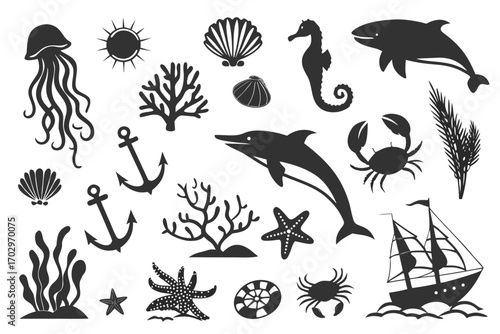 Collection of marine life and nautical elements in a distinctive silhouette style
