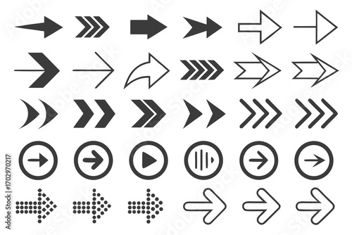 Collection of diverse arrow icons and symbols in silhouette style for navigation and directional guidance