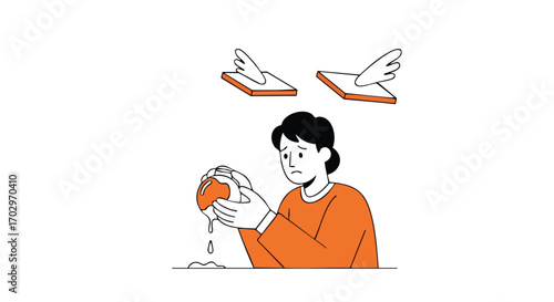 Sad person holding broken egg with wings flying away, symbolizing failure and lost opportunity