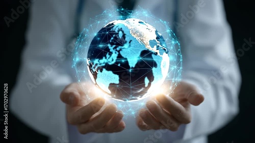 Doctor Holding Holographic Earth Representing Global Healthcare Innovation