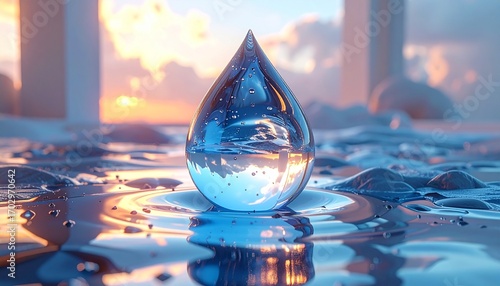 A pristine macro water droplet reflecting a surreal sunset, a liquid sphere capturing a moment of tranquility and clarity