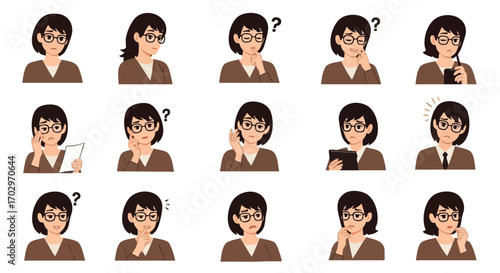 Businesswoman expresses confusion, contemplation, and worry through various facial expressions and gestures