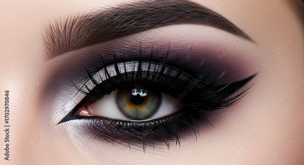 Obraz premium Close-up Eye with Dramatic Makeup Featuring Smoky Eyeshadow and Winged Eyeliner