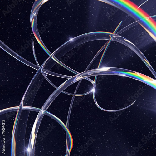 Abstract Vector illustration of an ethereal composition of transparent glass-like curves casting rainbow light as they arc gracefully through a star-filled cosmic night.