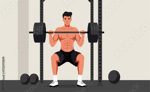 A muscular man performs a barbell back squat inside a modern gym, showcasing fitness, strength, and healthy lifestyle choices.