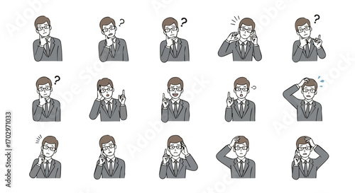 Confused businessman displaying various expressions of doubt and thought in professional attire